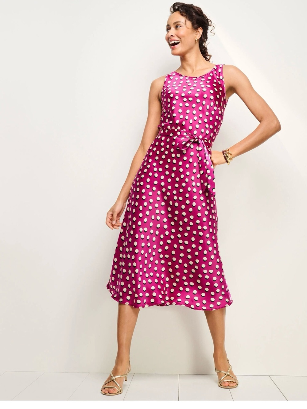NWT Talbots Scattered Dot Satin Dress in Magenta & White with Tie-Waist, Size 18